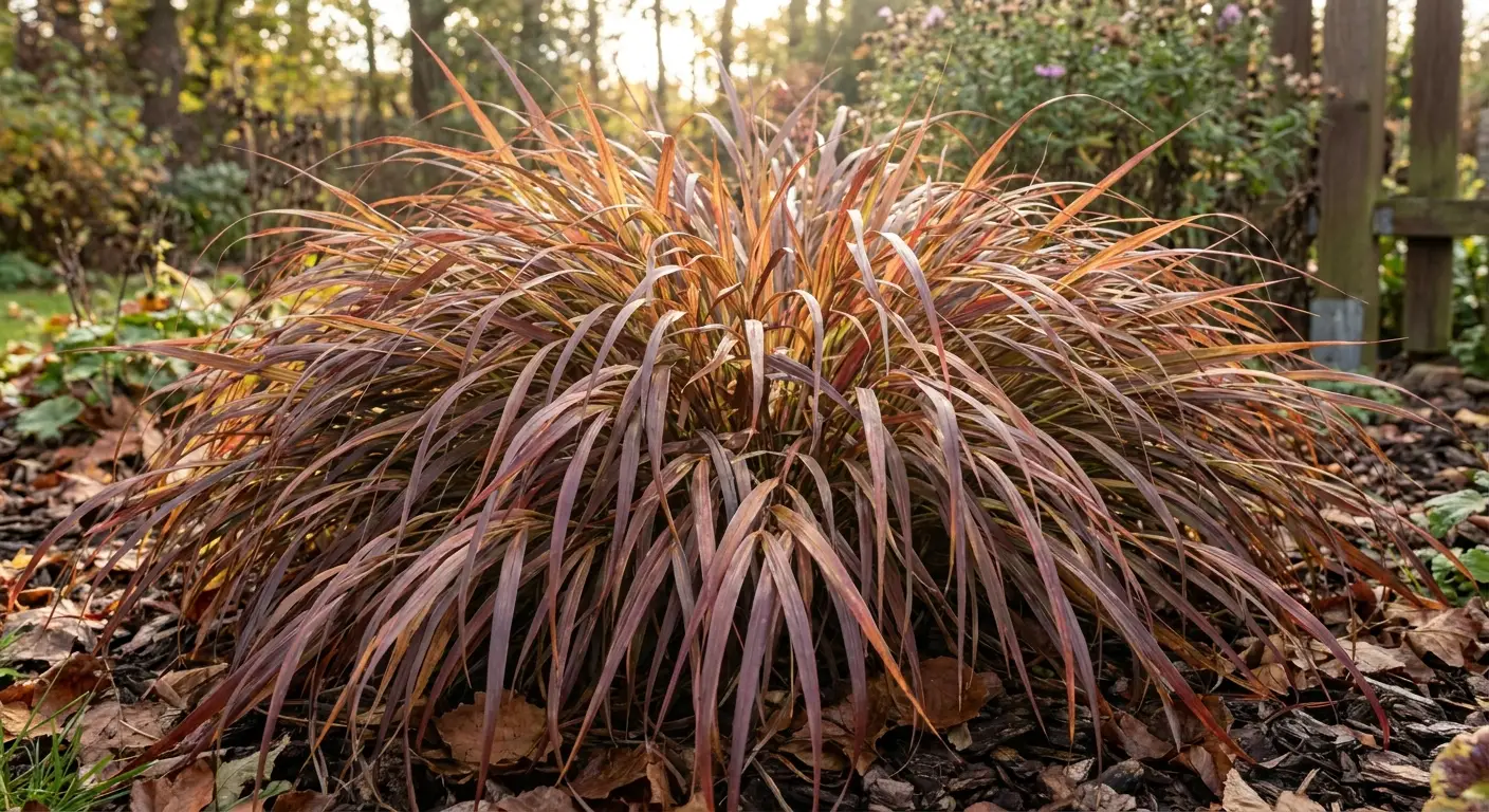 Hakonechloa smukła 'Mulled Wine' w jesiennych barwach, prezentująca głębokie odcienie czerwieni i burgundu w ogrodzie.