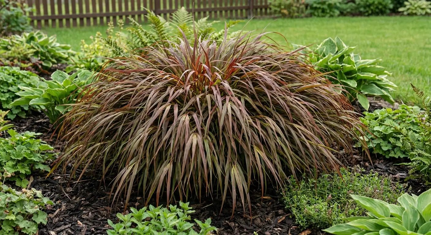 Bujne nasadzenie trawy ozdobnej hakonechloa smukła 'Mulled Wine' (Hakonechloa macra MULLED WINE 'Lucmull') w ogrodzie.