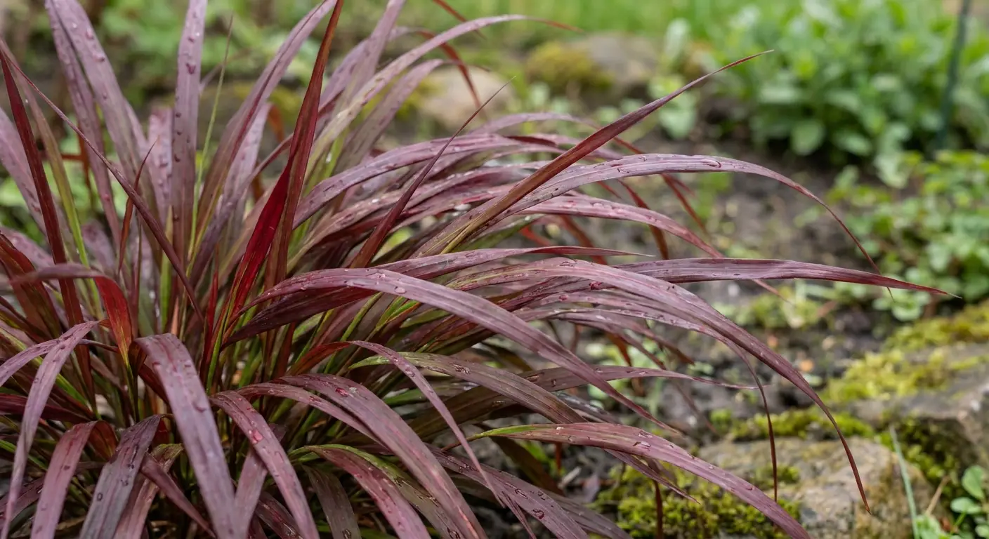 Zbliżenie na intensywnie wybarwione, burgundowe liście hakonechloa smukła 'Mulled Wine', ukazujące ich dekoracyjny wygląd.