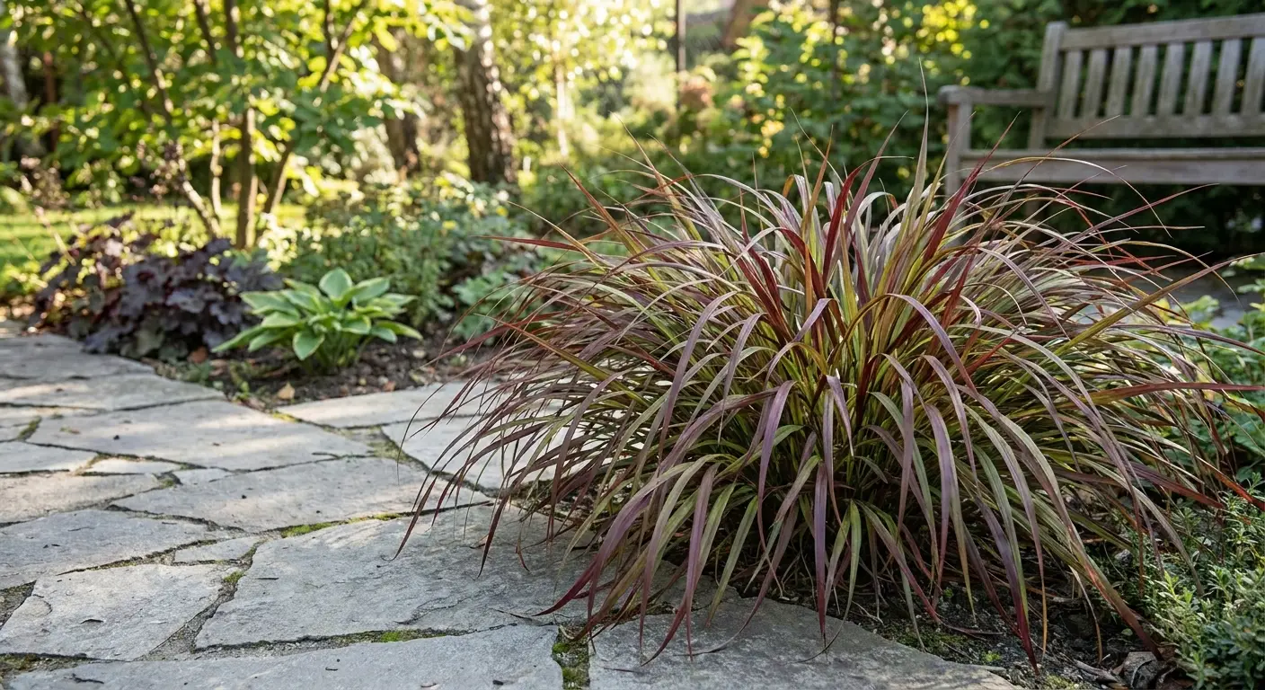 Hakonechloa smukła 'Mulled Wine' w nowoczesnym ogrodzie z podwyższoną rabatą i kamieniami, ukazująca jej dekoracyjne walory.