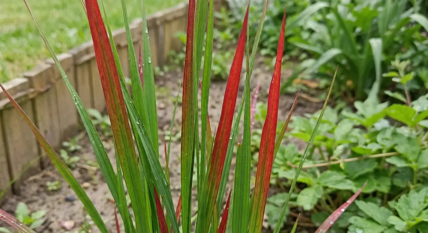Zbliżenie na zdrowy liść imperaty cylindrycznej 'Red Baron', ukazujące jej charakterystyczne czerwono-zielone zabarwienie w szczytowej fazie. 