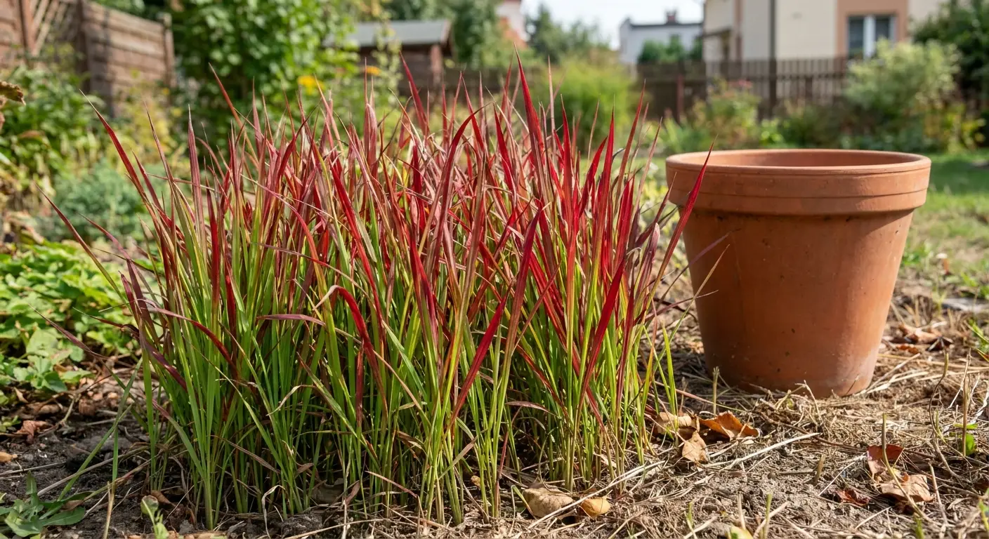 Kępa imperaty cylindrycznej 'Red Baron' w pełni jesiennego wybarwienia, o wysokości około 40 cm, z czerwonymi końcówkami liści i zielenią u nasady.
