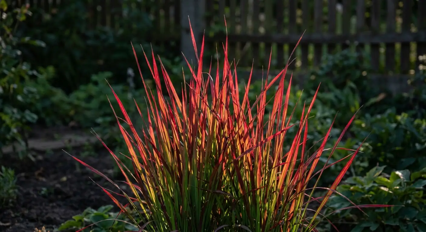 Imperata cylindryczna 'Red Baron' pod światło - wąskie liście prześwitują rubinową czerwienią na tle ciemnego ogrodu.