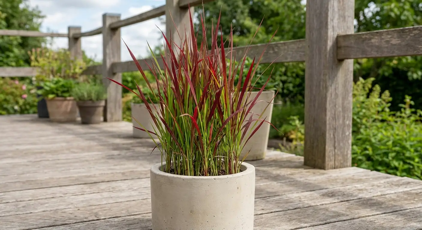 Imperata cylindryczna 'Red Baron' w jasnym betonowym pojemniku na drewnianym tarasie, w pełnym słońcu.