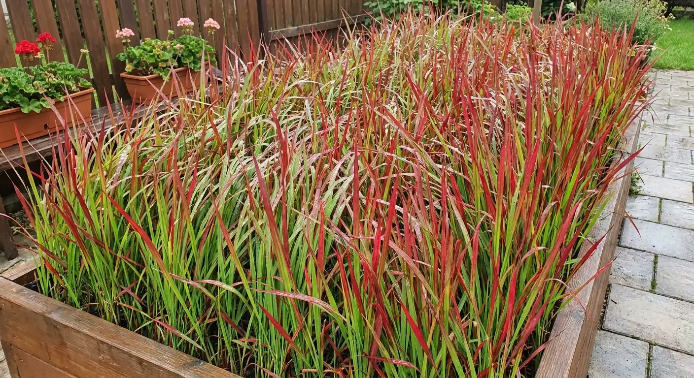Bujna kępa czerwono-zielonej trawy imperata cylindrica 'Red Baron' rosnąca masowo w ogrodzie.