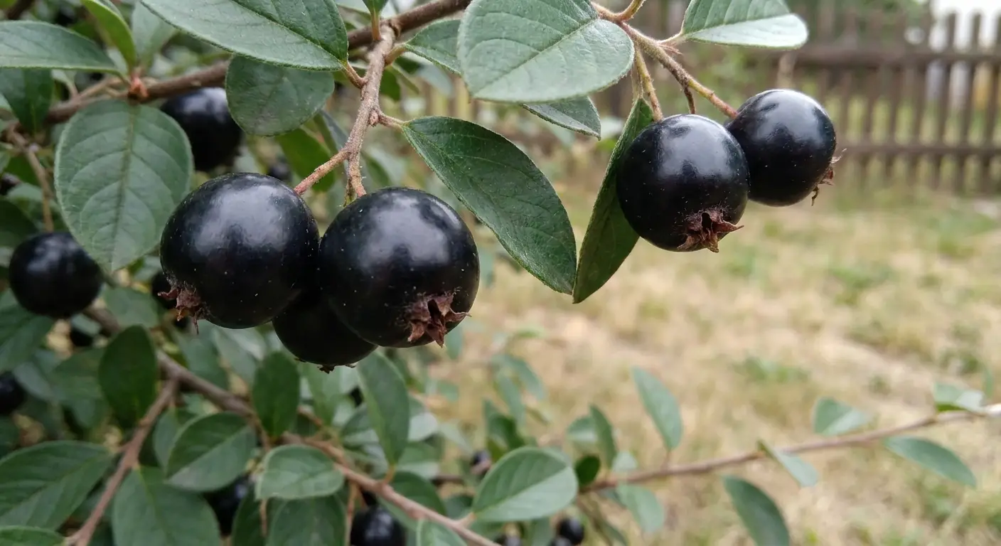 Zbliżenie na czarne, kuliste owoce irgi czarnej (Cotoneaster melanocarpus) i jej matowe, całobrzegie liście.