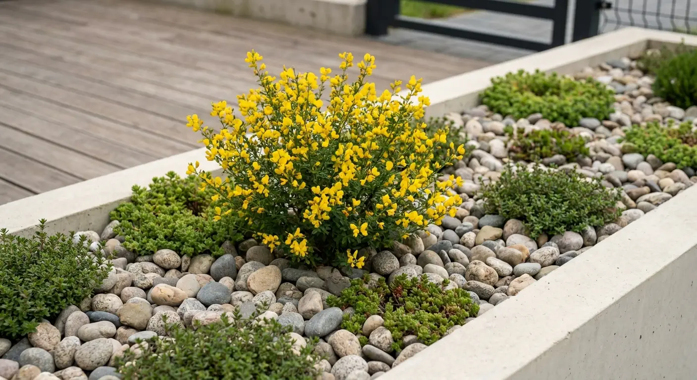 Janowiec włosisty (Genista pilosa) kwitnący na żółto, wkomponowany w aranżację nowoczesnego ogrodu z kamieniami i niską zielenią.