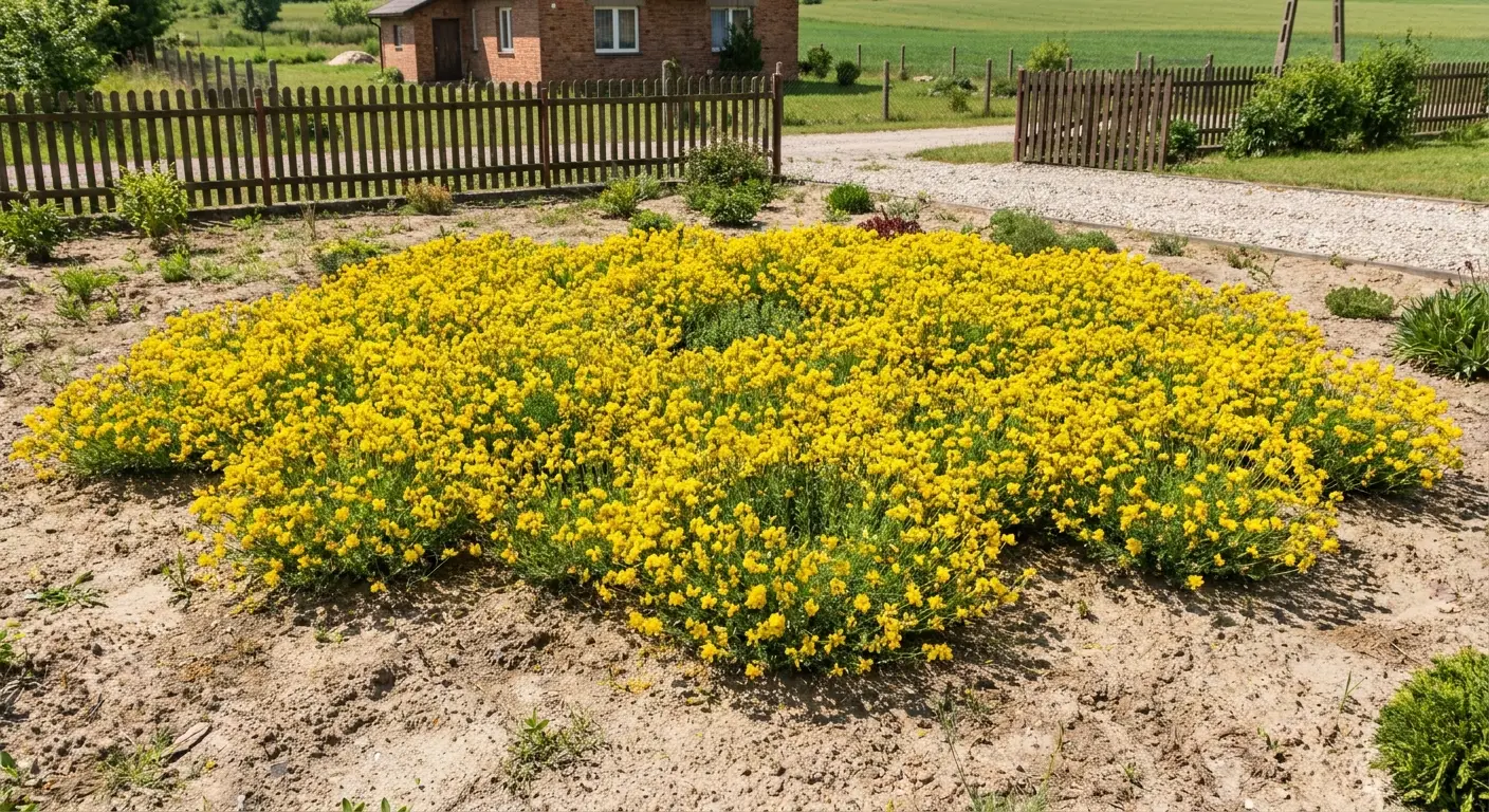 Duża kępa kwitnącego Janowca włosistego (Genista pilosa) z licznymi, drobnymi, żółtymi kwiatami, tworząca gęsty, niski dywan w ogrodzie.
