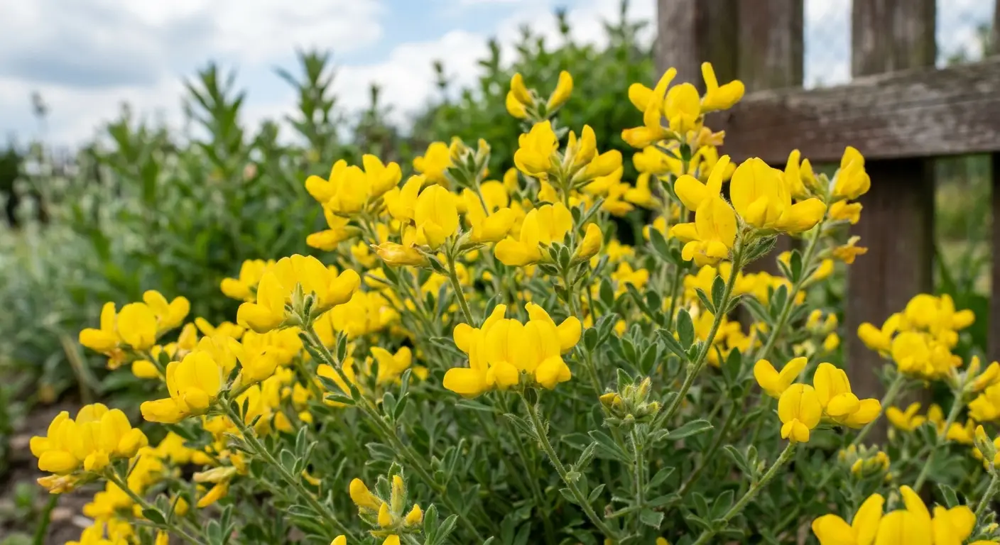 Zbliżenie na intensywnie żółte, kwitnące kwiaty janowca włosistego (Genista pilosa) w pełnej krasie, sfotografowane w naturalnym świetle.