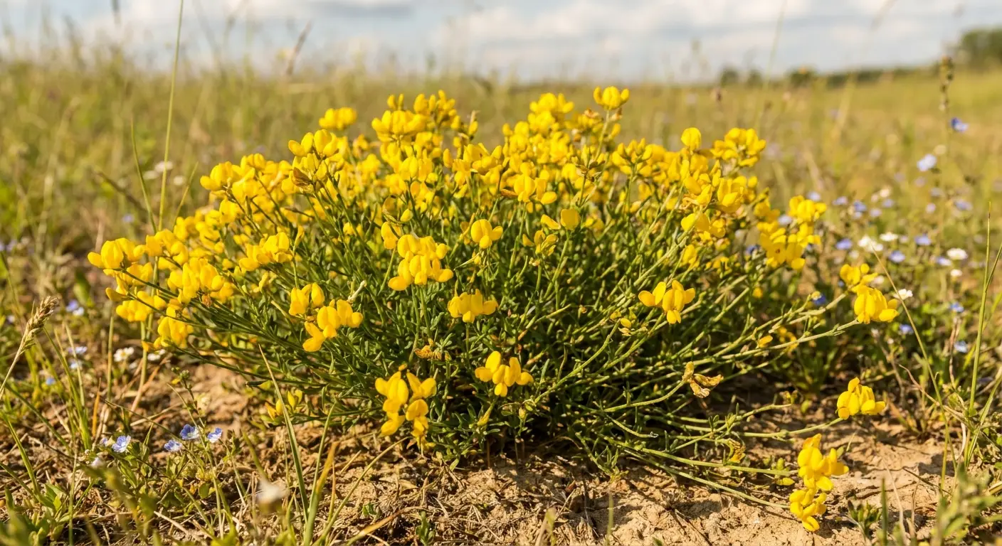 Zdjęcie Janowca włosistego (Genista pilosa) w pełnym rozkwicie, prezentujące jego jaskrawożółte kwiaty i pokrój krzewu.