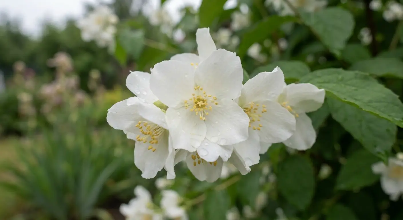 Zbliżenie na białe, puszyste kwiaty jaśminowca omszonego (Philadelphus pubescens) w pełni rozkwitu, z delikatnie rozmazanym tłem.