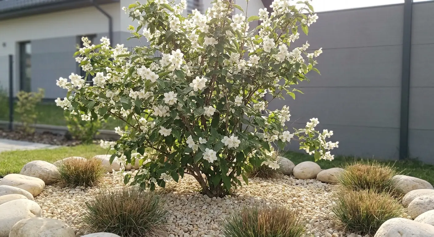 Zdjęcie jaśminowca omszonego (Philadelphus pubescens) obficie kwitnącego, wkomponowanego w nowoczesny ogród z rabatą żwirową.