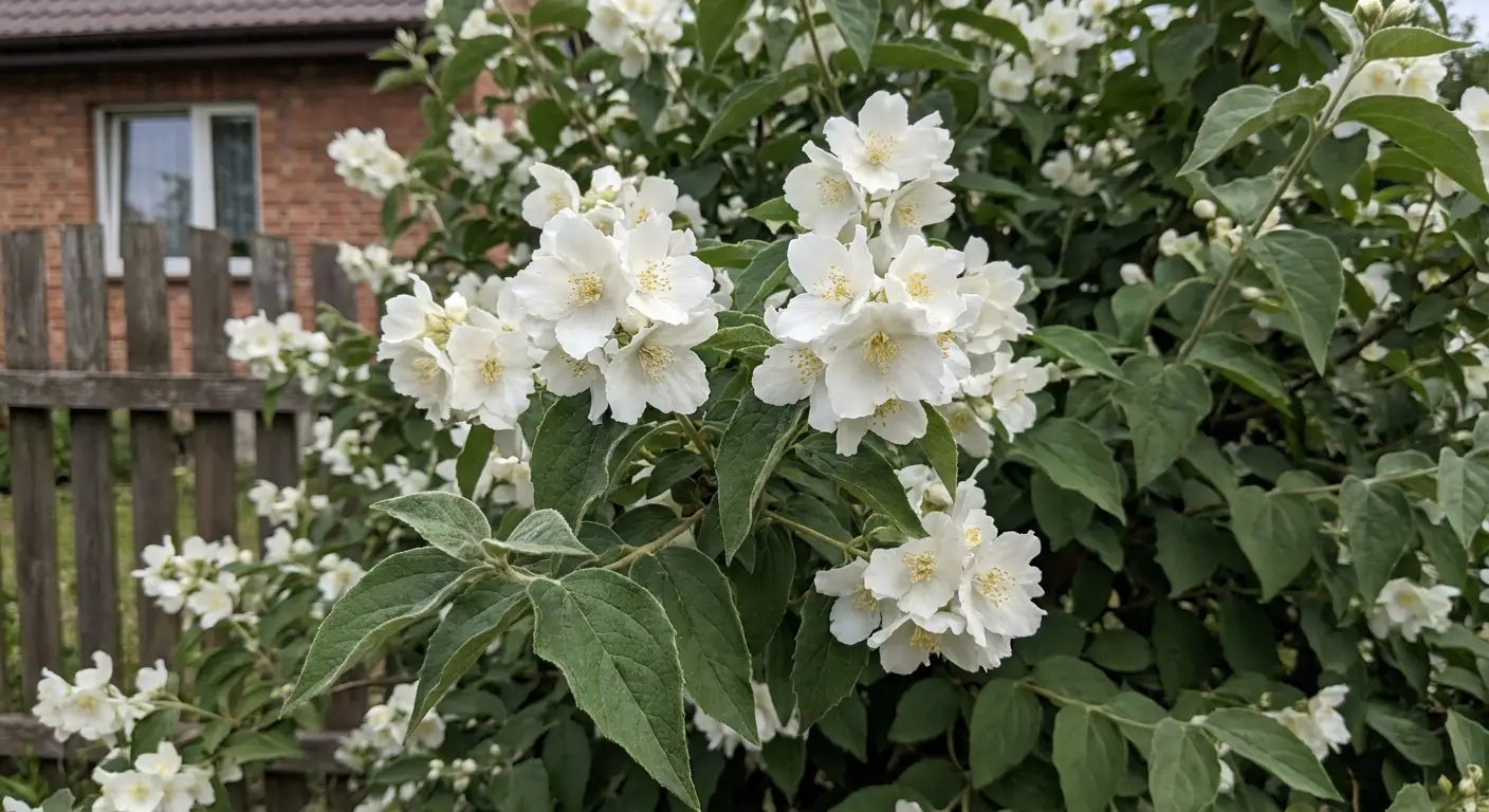 Jaśminowiec omszony (Philadelphus pubescens) w pełnym rozkwicie, ukazujący duże, białe kwiaty i zielone liście w przydomowym ogrodzie.