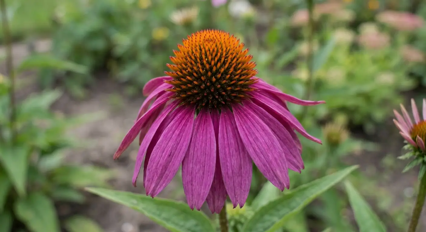 Zbliżenie na w pełni rozwinięty, intensywnie purpurowy kwiat jeżówki purpurowej 'Magnus' z wyraźnym, stożkowatym środkiem i lekko odgiętymi płatkami.