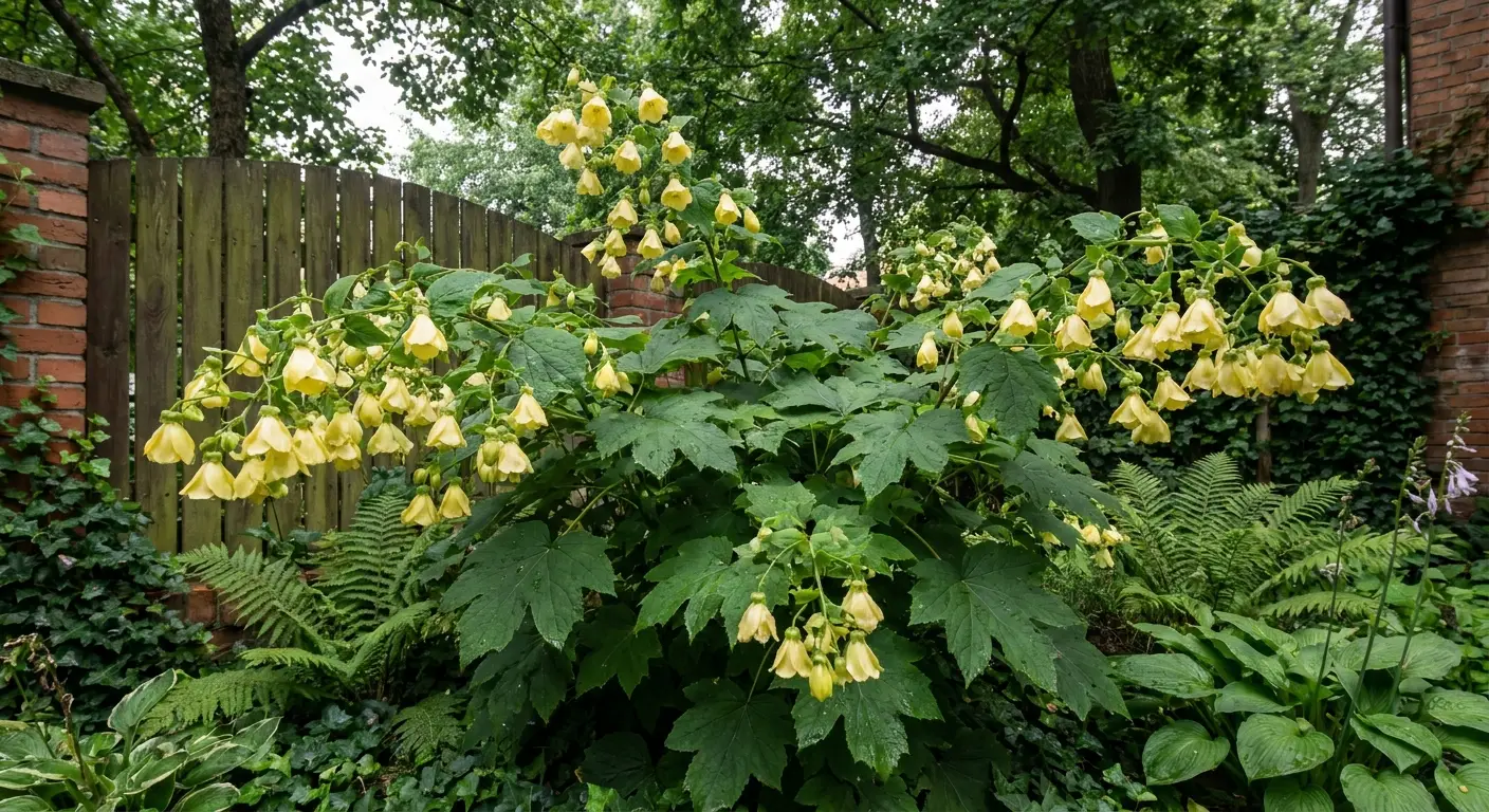 Kirengeshoma dłoniasta (Kirengeshoma palmata) w pełnym rozkwicie, z charakterystycznymi jasnożółtymi, dzwonkowatymi kwiatami i dużymi liśćmi.