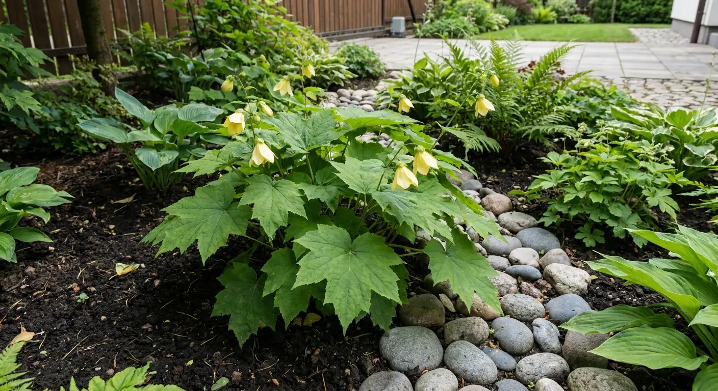 Kirengeshoma dłoniasta (Kirengeshoma palmata) pięknie wkomponowana w nowoczesny, częściowo zacieniony ogród z kamieniami rzecznymi.