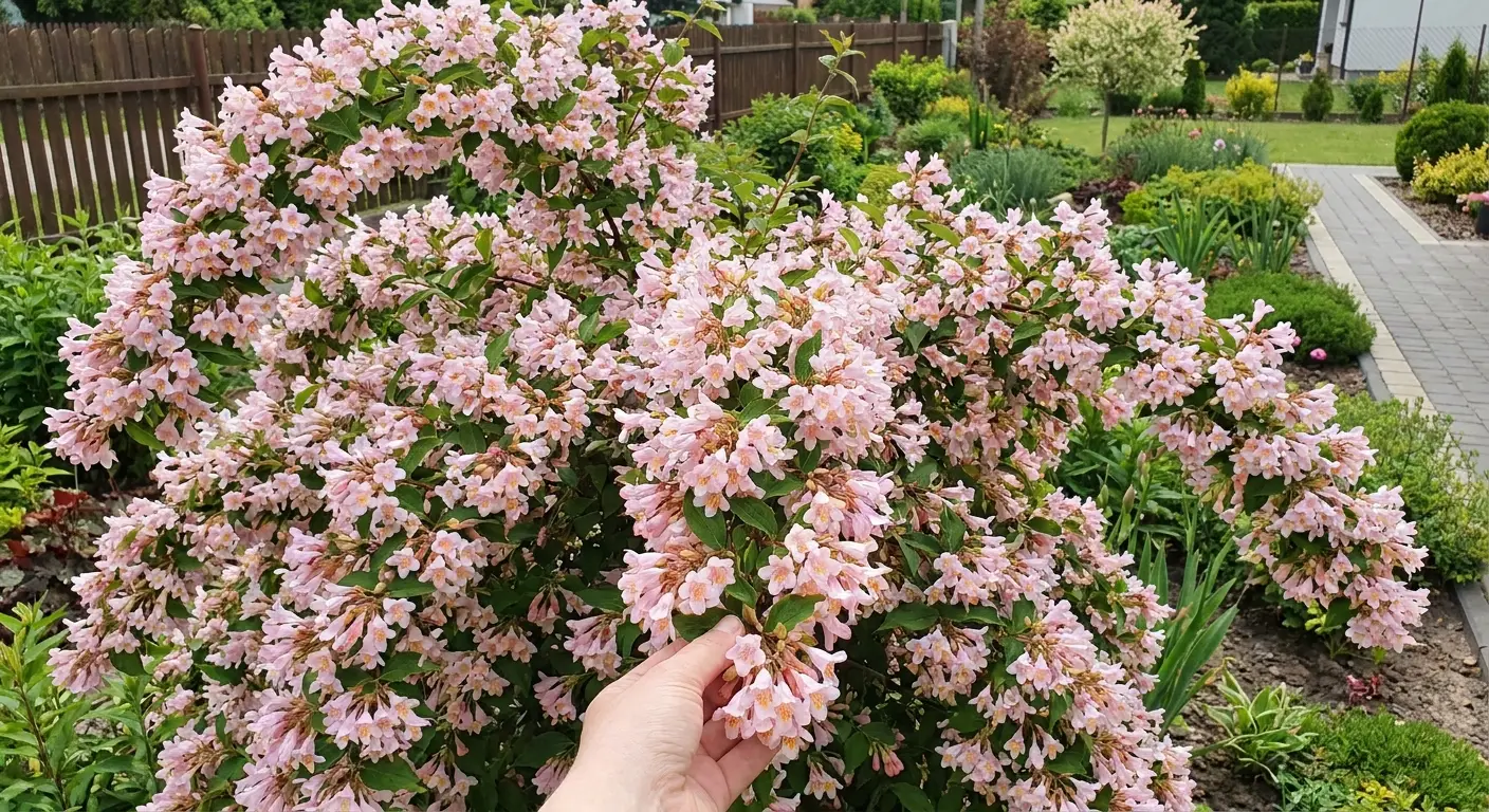 Krzew Kolkwicji chińskiej 'Pink Cloud' w pełnym rozkwicie, obsypany mnóstwem różowych, dzwonkowatych kwiatów w przydomowym ogrodzie.