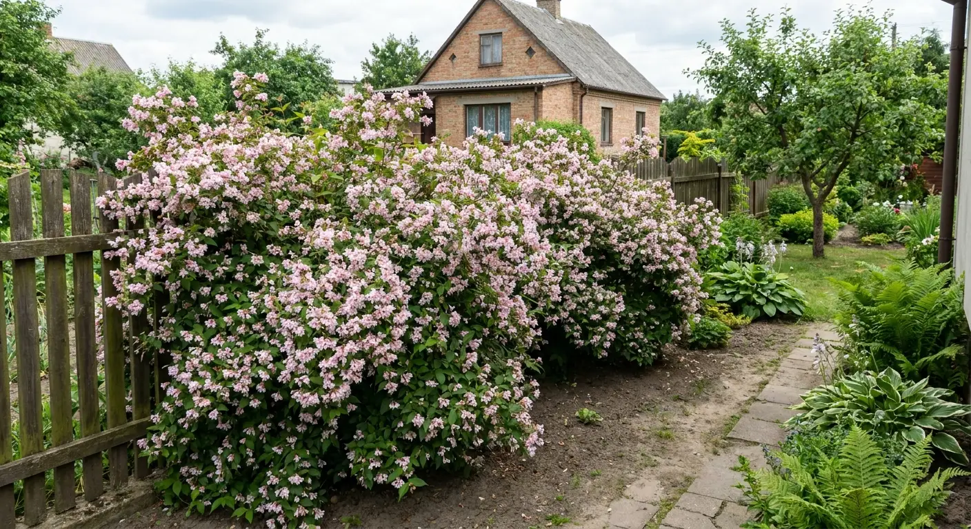 Rozłożysty krzew kolkwicji chińskiej 'Pink Cloud' obsypany jasnoróżowymi kwiatami, z pędami przewieszającymi się nad ścieżką.