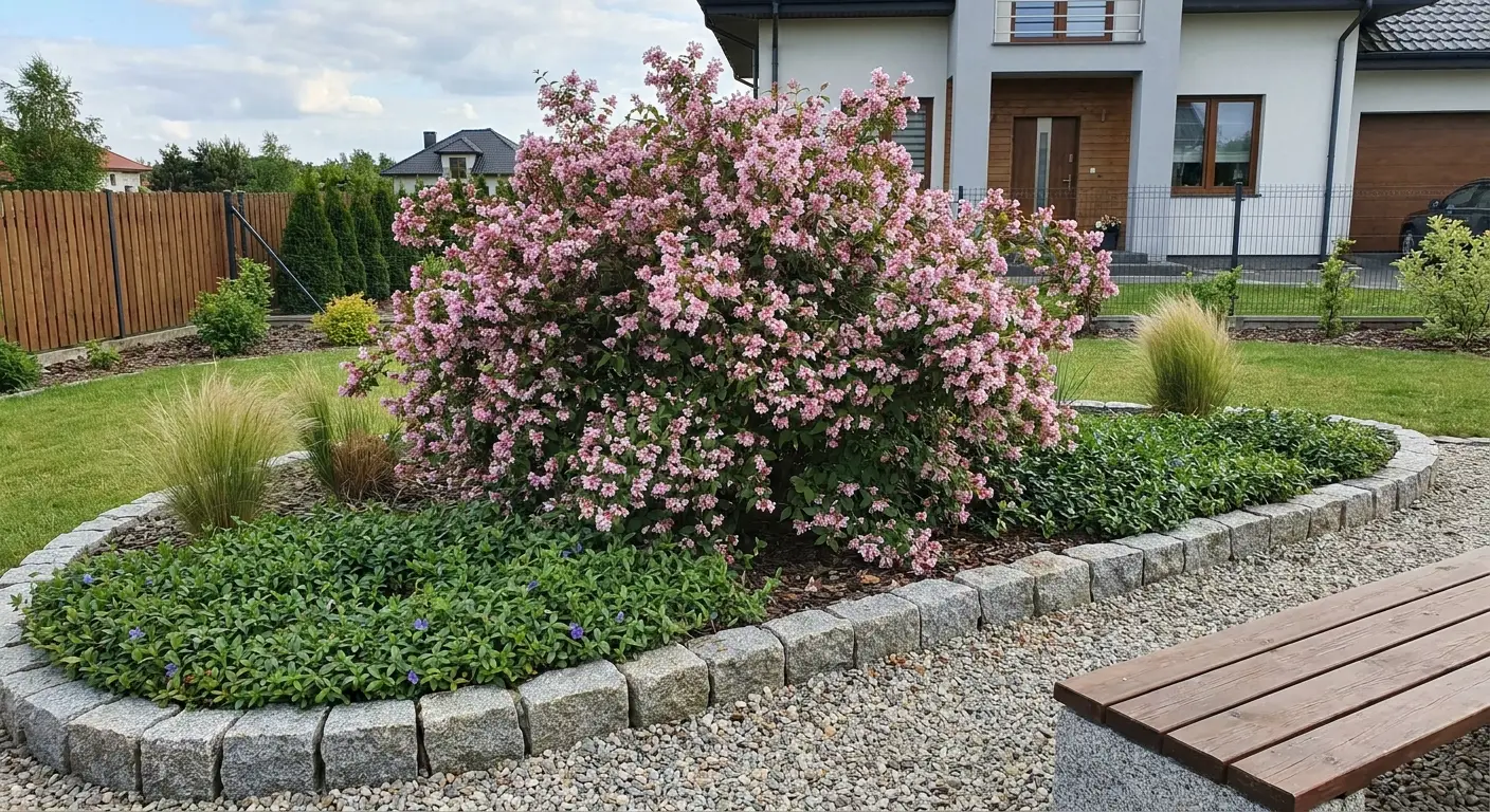 Kwitnąca kolkwicja chińska 'Pink Cloud' na rabacie obrzeżonej granitową kostką, na tle nowoczesnego domu.