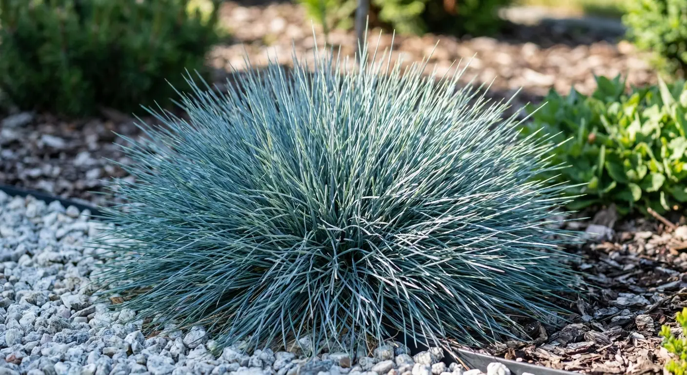 Zdjęcie kostrzewy sinej 'Azurit' (Festuca glauca 'Azurit') z bliska, ukazujące jej charakterystyczne niebiesko-szare liście w słonecznym ogrodzie.