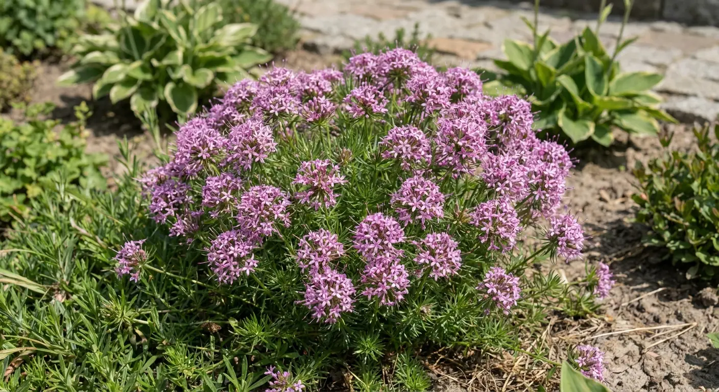 Kozłówka długoszyjkowa (Phuopsis stylosa) w pełnym rozkwicie, prezentująca swoje charakterystyczne, różowo-purpurowe kwiatostany w przydomowym ogrodzie.