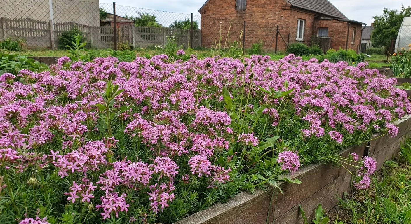 Kępa kwitnącej kozłówki długoszyjkowej (Phuopsis stylosa) w ogrodzie.