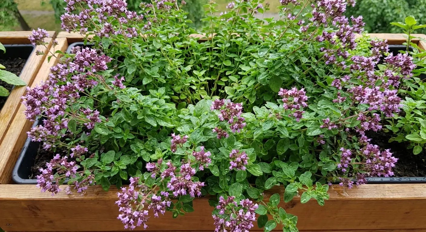 Bujna kępa lebiodki pospolitej (Origanum vulgare) w ogrodzie, z licznymi fioletowymi kwiatami, symbolizująca obfitość i zdrowie rośliny.
