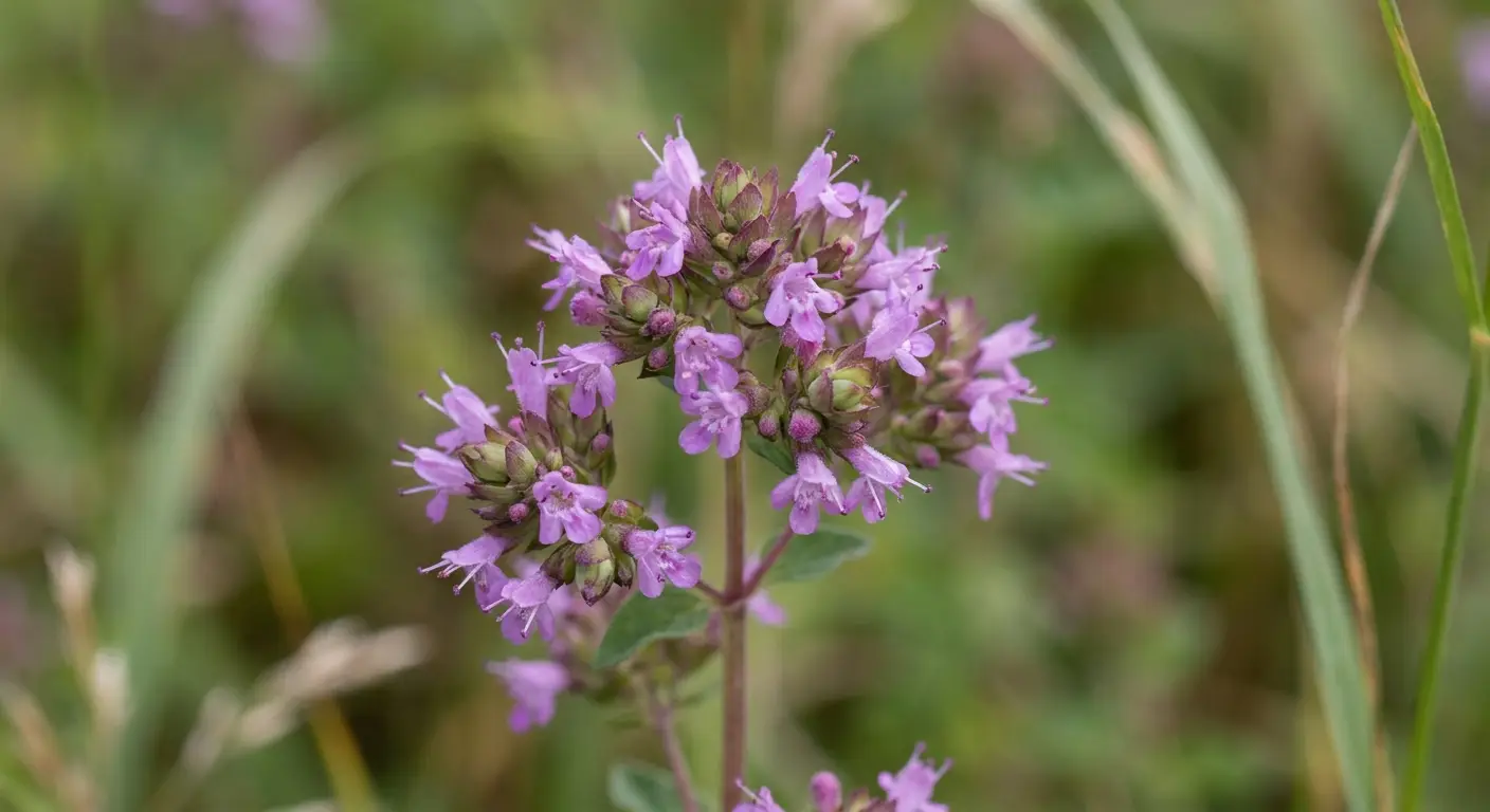Zbliżenie na w pełni rozwinięty, zdrowy kwiatostan lebiodki pospolitej (Origanum vulgare) w ogrodzie.