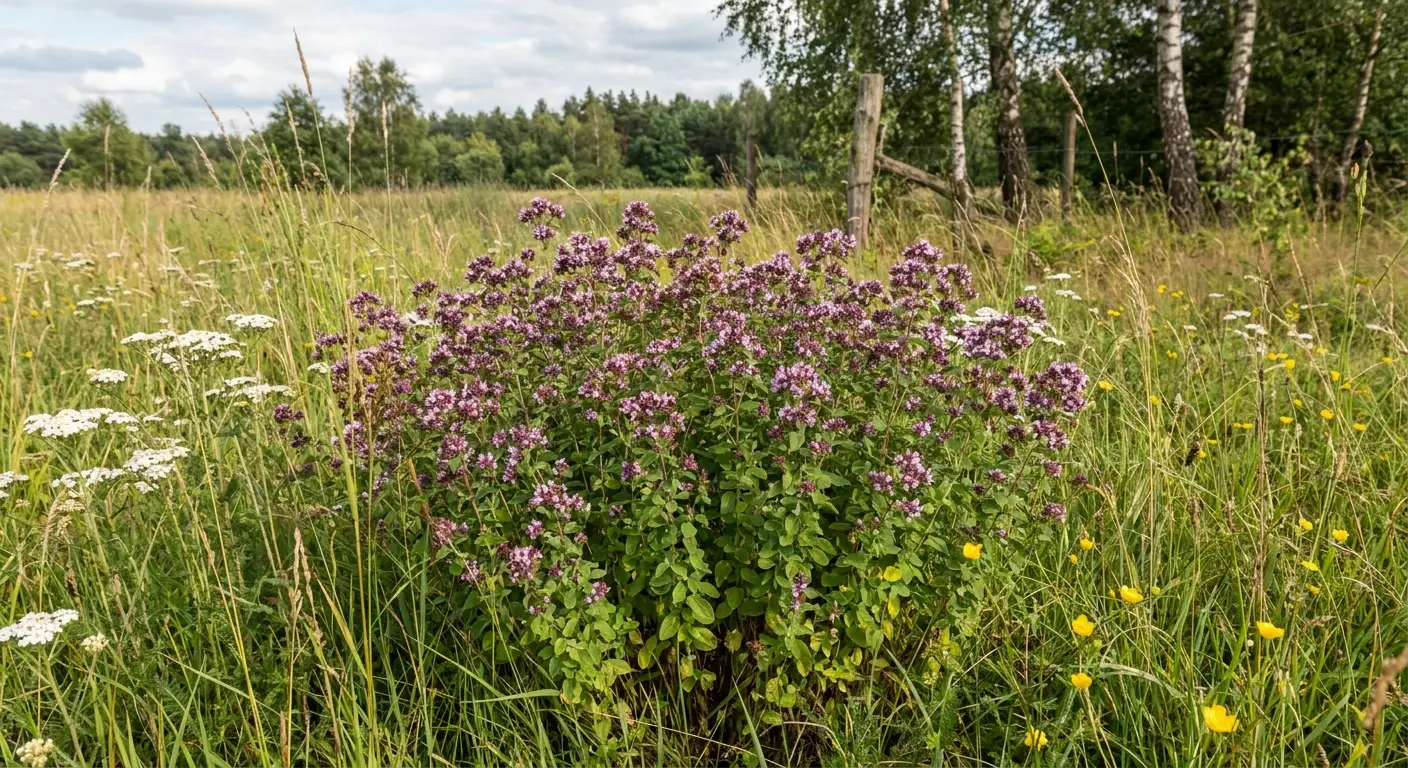 Zdjęcie przedstawiające kwitnącą lebiodkę pospolitą (Origanum vulgare) w naturalnym środowisku łąki.