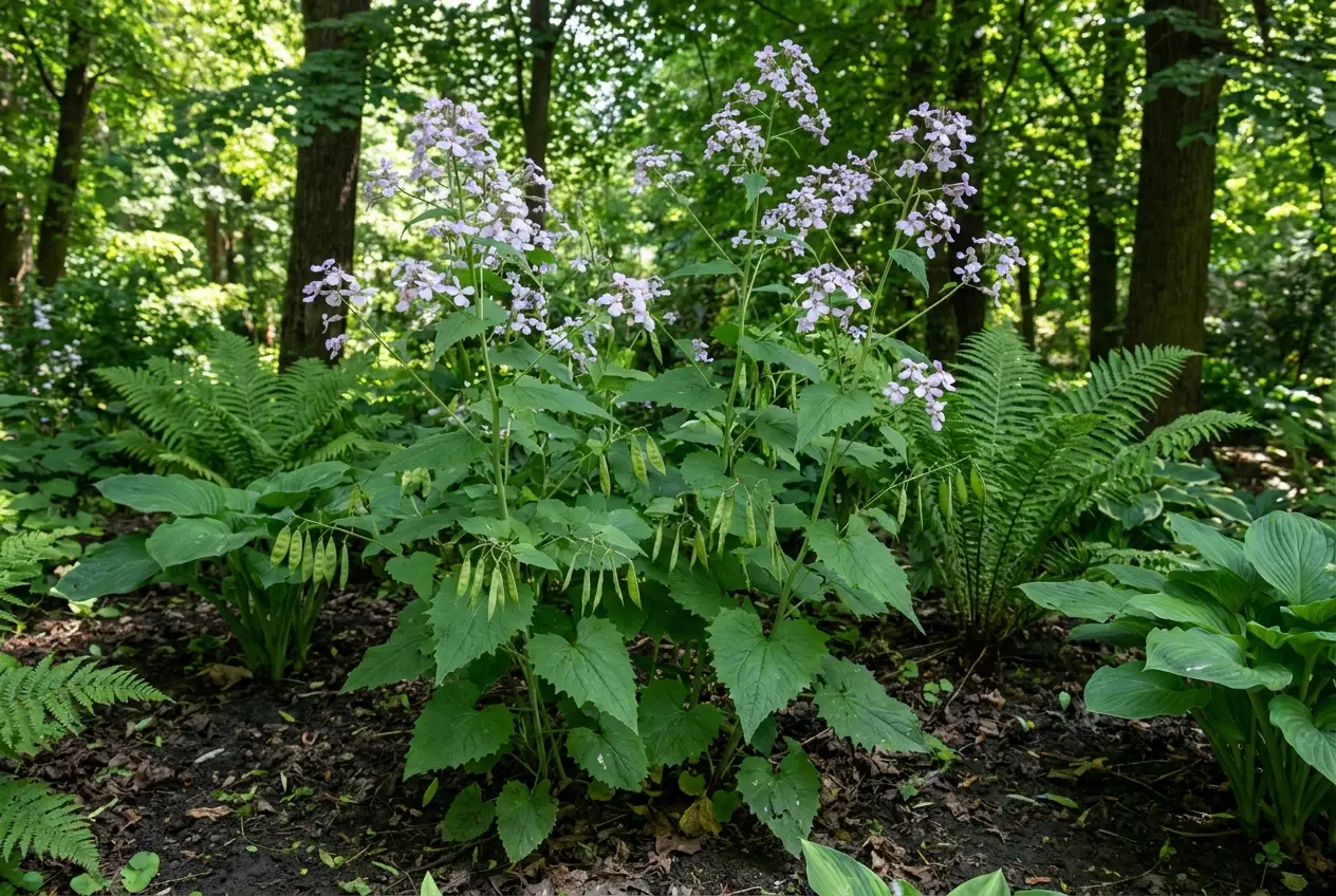 Kępa kwitnącej miesiącznicy trwałej w cienistej rabacie pod drzewami liściastymi, w towarzystwie paproci i funkii.