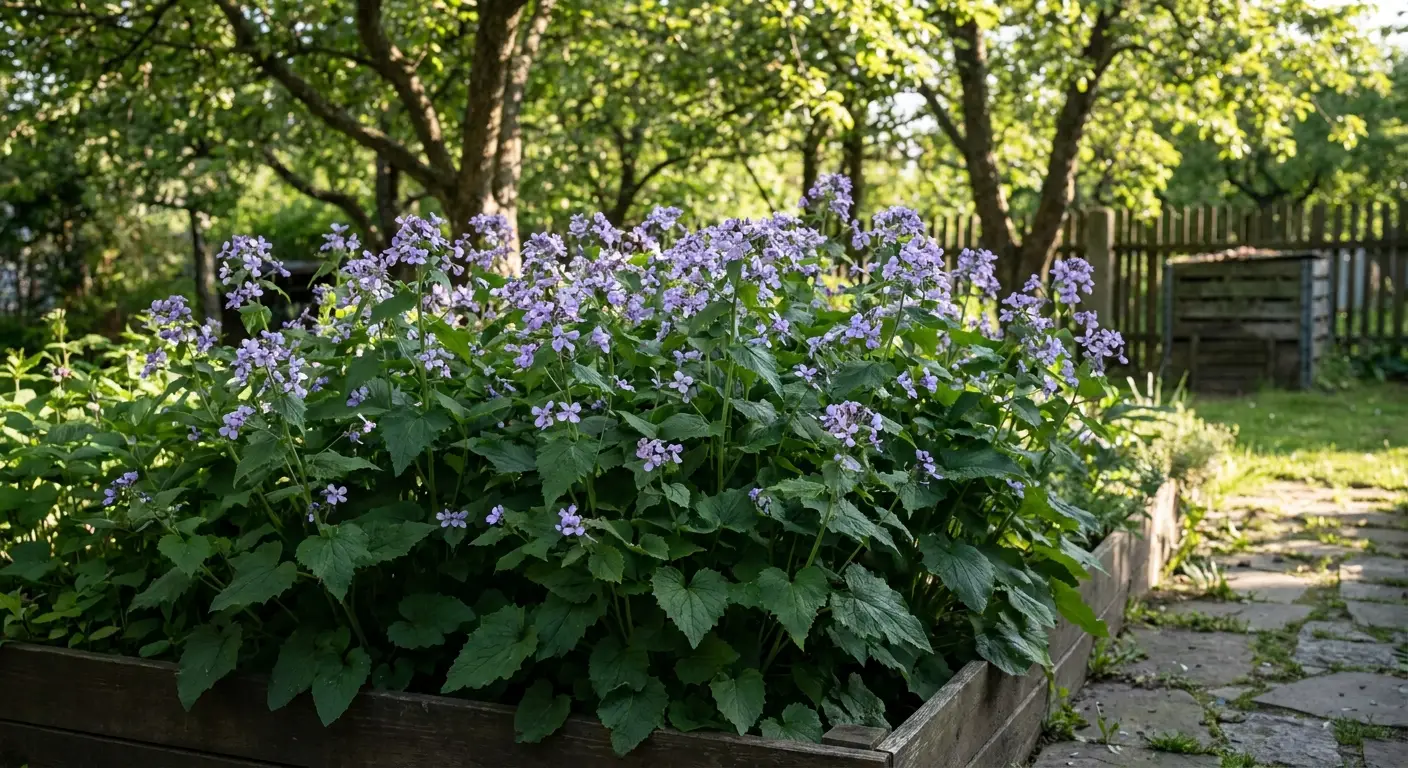 Bujna kępa kwitnącej miesiącznicy trwałej (Lunaria rediviva) z licznymi liliowymi kwiatami, rosnąca w przydomowym ogrodzie.