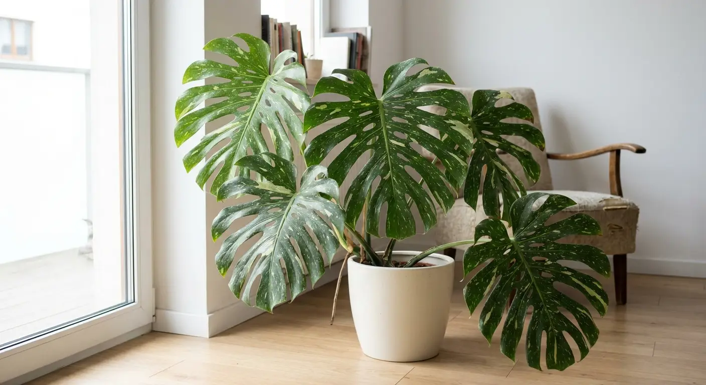 Dorosła, okazała Monstera dziurawa 'Thai Constellation' z dużymi, pstrymi liśćmi z białymi plamkami, stojąca w ceramicznej donicy w jasnym salonie.