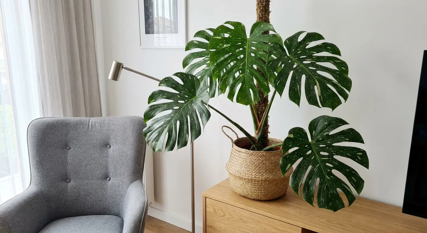 Duża Monstera dziurawa 'Thai Constellation' w doniczce, ozdabiająca nowoczesny salon w polskim domu.