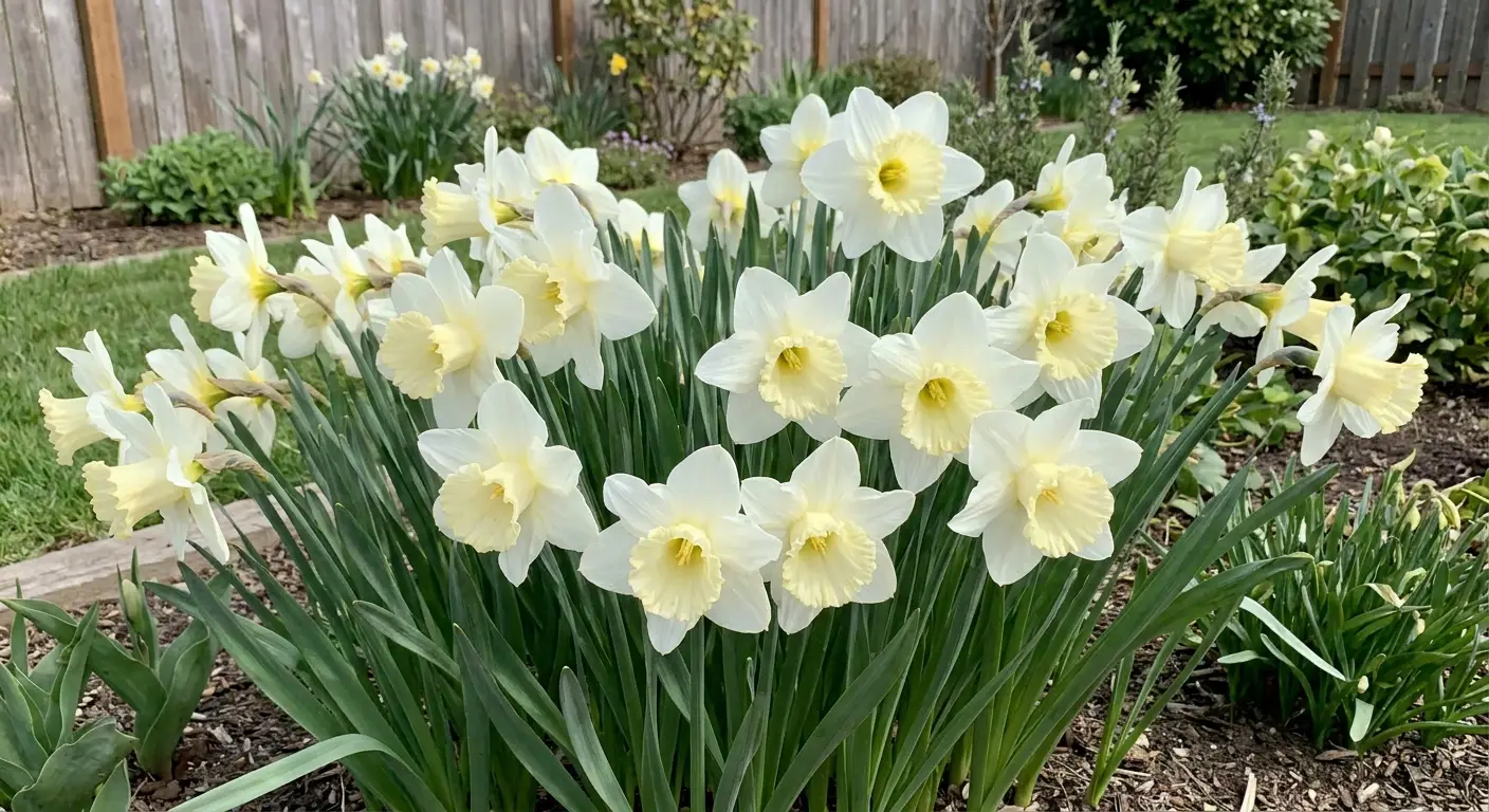 Bujna kępa narcyzów trąbkowych 'Mount Hood' (Narcissus pseudonarcissus 'Mount Hood') w pełni kwitnienia w przydomowym ogrodzie.
