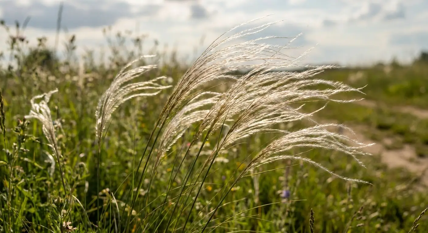 Z bliska widać delikatne, srebrzysto-białe kwiatostany Ostnicy Jana (Stipa pennata) kołyszące się na wietrze na tle łąki.