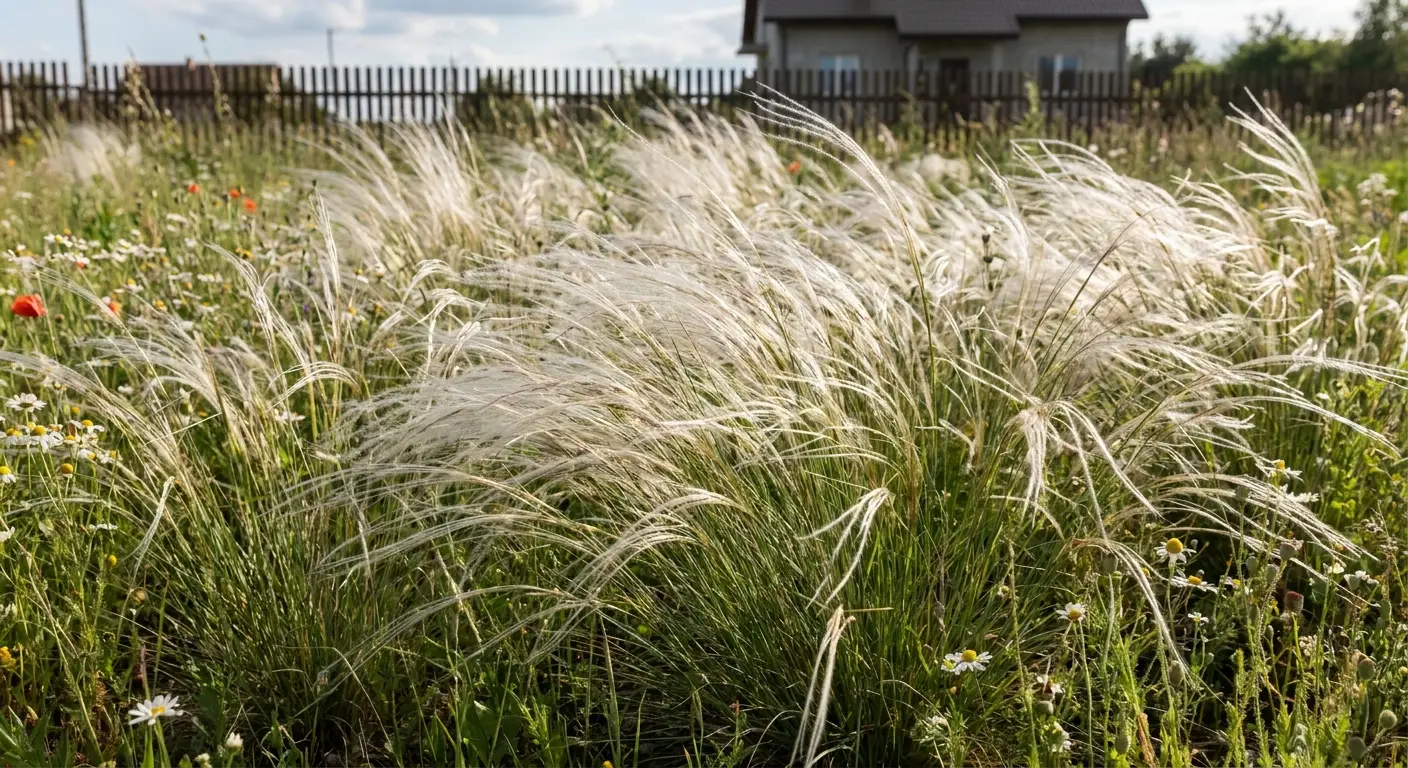 Bujna kępa Ostnicy Jana (Stipa pennata) w masowym nasadzeniu w słonecznym ogrodzie, z wyraźnymi, pierzastymi kwiatostanami.