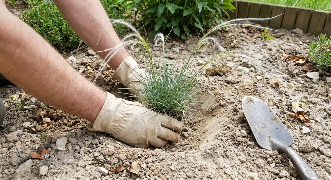 Dłonie w rękawicach ogrodowych sadzą kępę ostnicy Jana (Stipa pennata) w kamienistą, przepuszczalną ziemię.