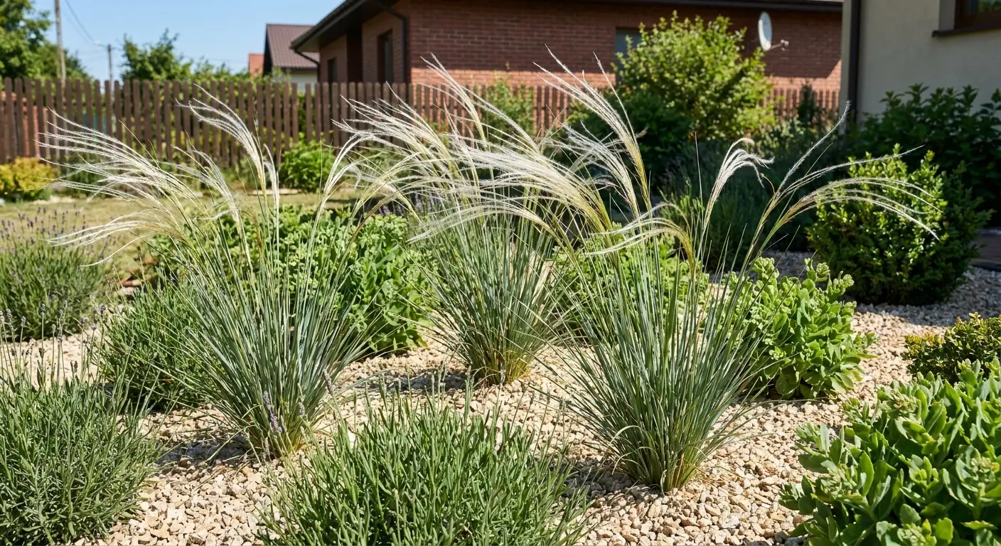 Kępy ostnicy Jana (Stipa pennata) na słonecznej, żwirowej rabacie w przydomowym ogrodzie, obok lawendy i rozchodnika.