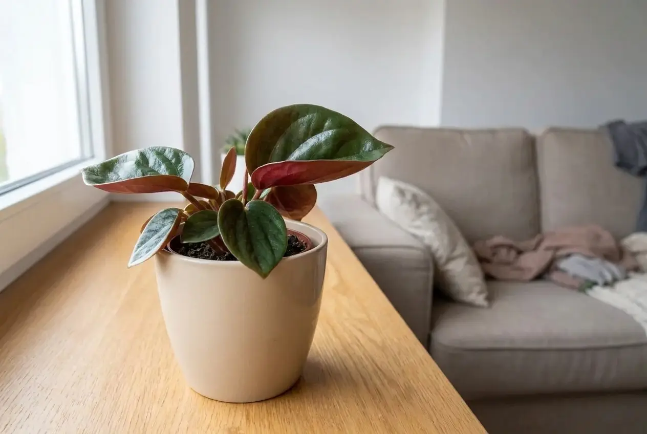 Peperomia 'Rosso' w jasnej osłonce na dębowym stoliku w salonie, przy oknie, w towarzystwie kanapy.