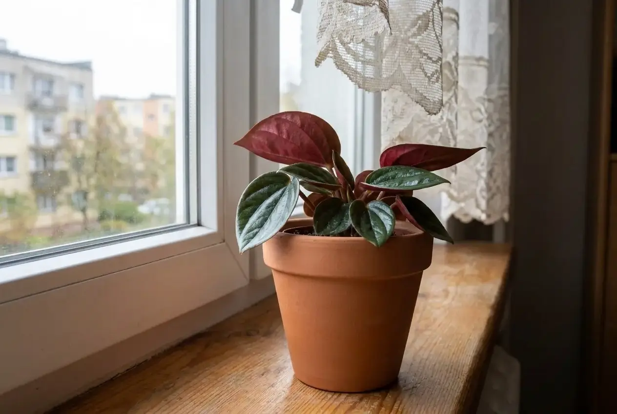 Młoda Peperomia 'Rosso' w glinianej doniczce na parapecie w mieszkaniu w bloku, z wyraźnie czerwonymi spodami liści.