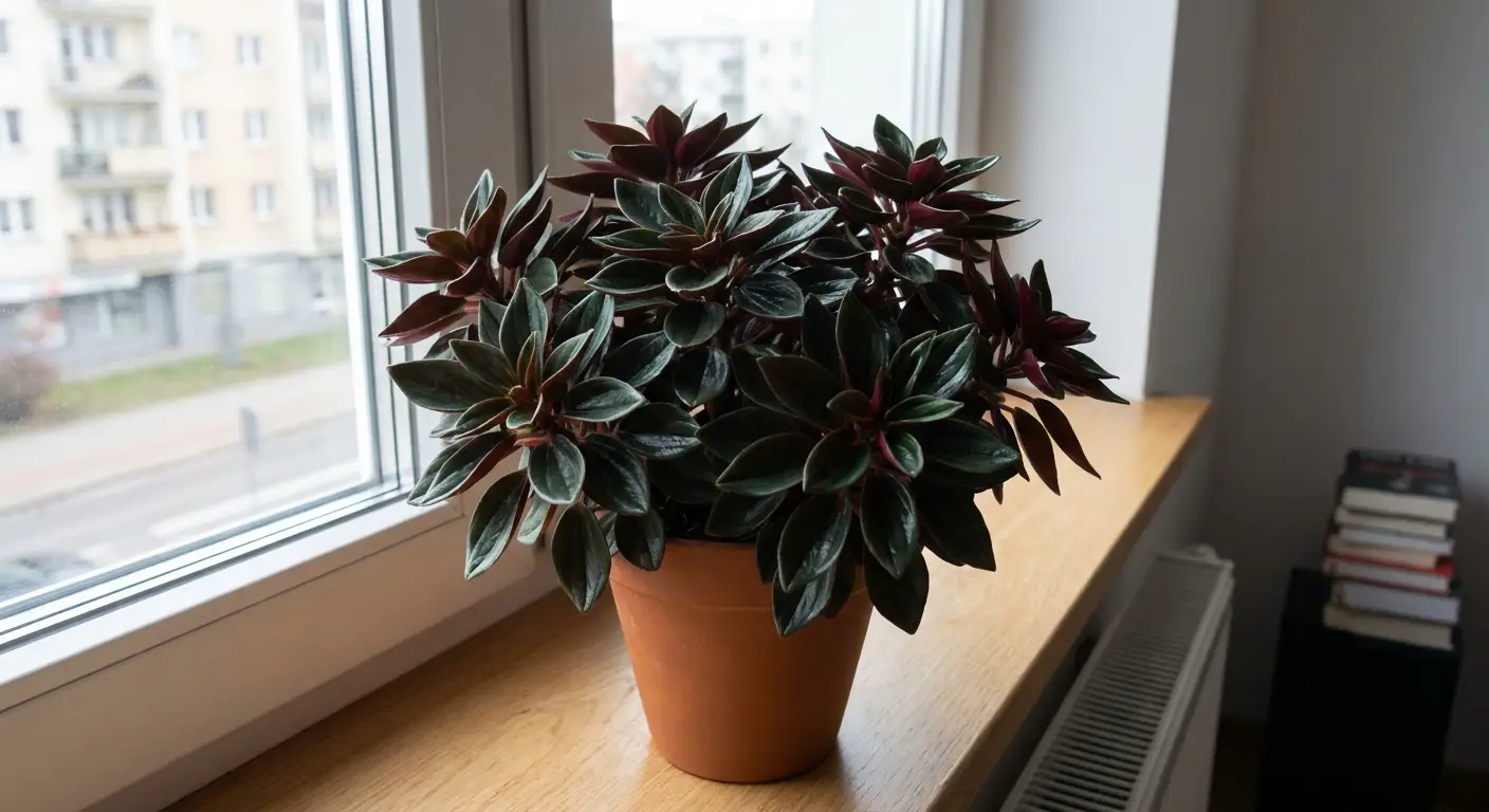 Zdjęcie przedstawiające Peperomia 'Rosso' w doniczce, z ciemnozielonymi liśćmi o intensywnie czerwonych spodach, rosnącą w domowym wnętrzu.