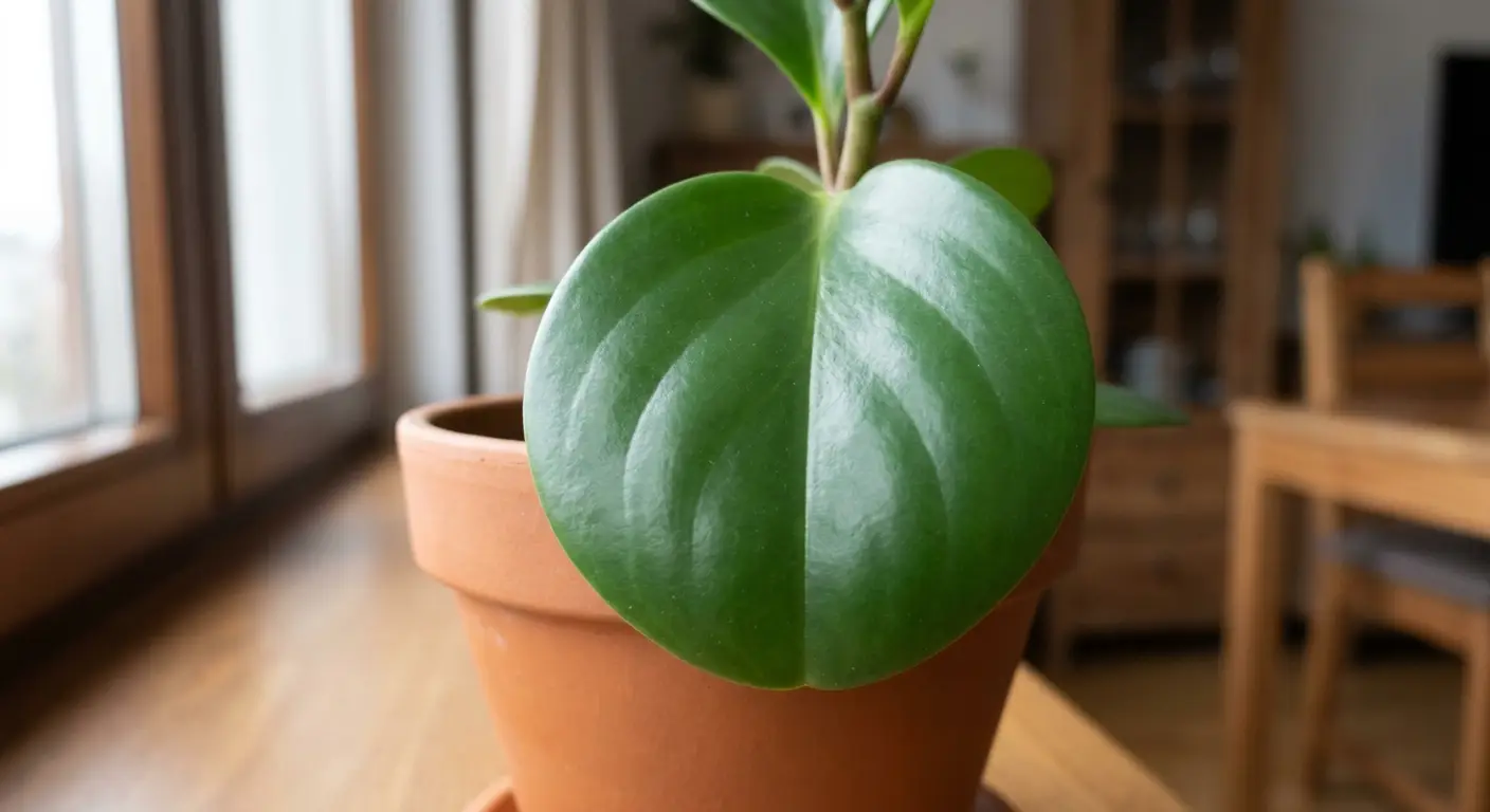 Zbliżenie na zdrowy, błyszczący liść Peperomii tępolistnej (Peperomia obtusifolia), rosnącej jako roślina doniczkowa.