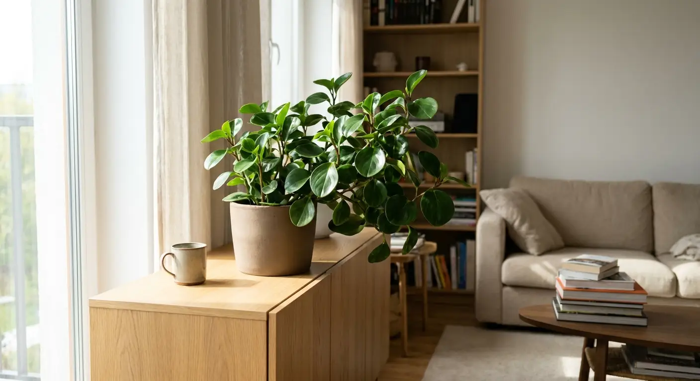 Duża, bujna Peperomia tępolistna (Peperomia obtusifolia) w ceramicznej donicy, stojąca na drewnianej komodzie w jasnym wnętrzu.