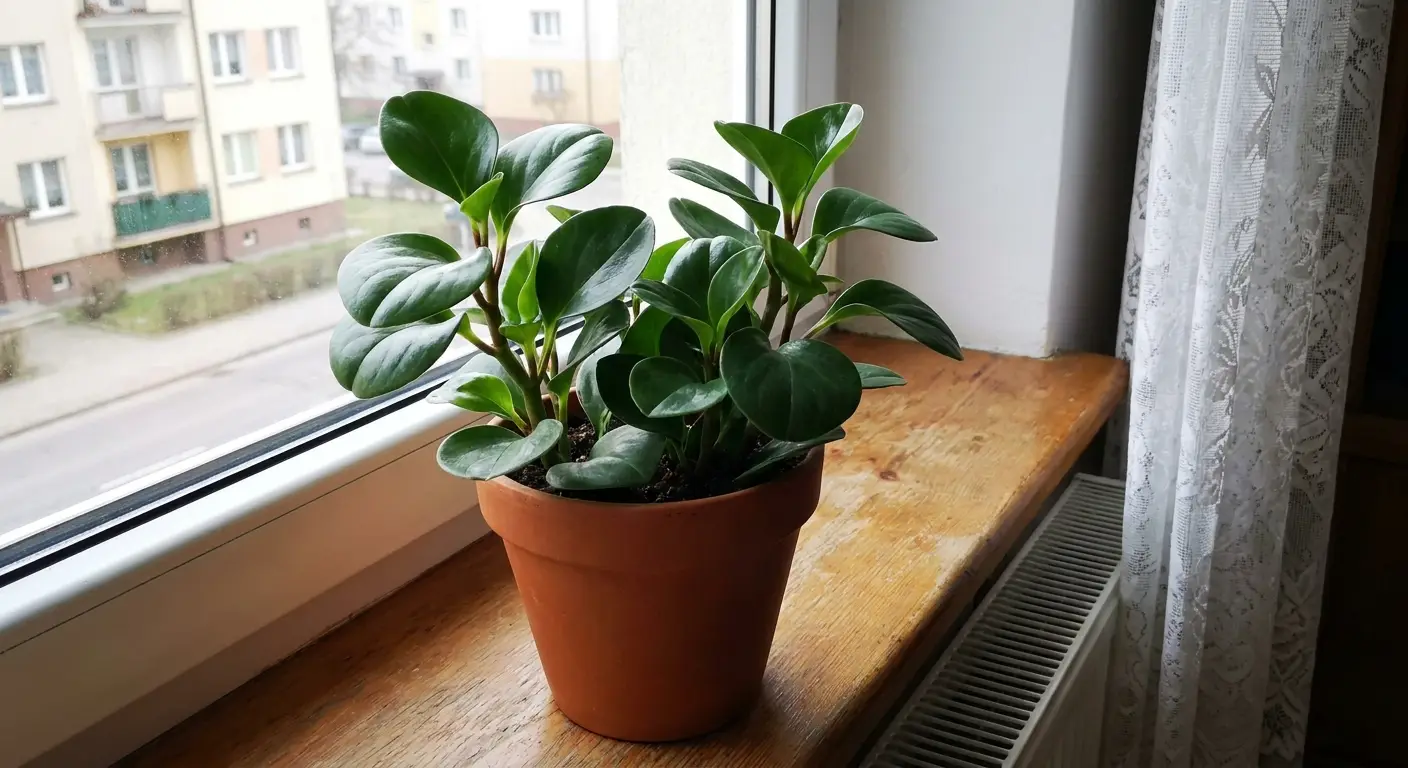 Peperomia tępolistna (Peperomia obtusifolia) w glinianej doniczce na drewnianym parapecie, z kaloryferem widocznym pod parapetem.
