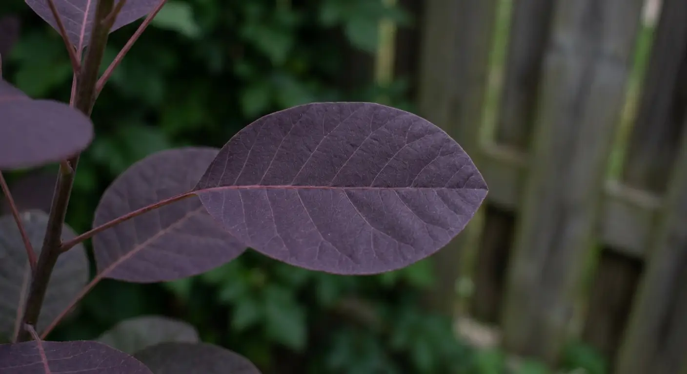 Zbliżenie na zdrowy, intensywnie purpurowy liść perukowca podolskiego 'Royal Purple' w naturalnym świetle.