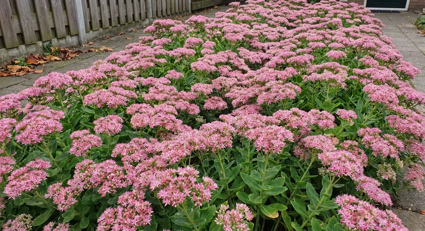 Grupa rozchodnika okazałego 'Brillant' (Sedum spectabile 'Brillant') kwitnącego na różowo w ogrodzie.