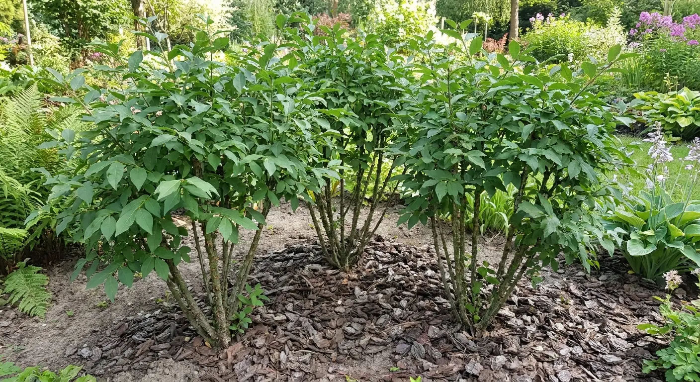 Kępa bujnie rosnącej trzmieliny brodawkowatej (Euonymus verrucosus) w ogrodzie, pokazująca jej obfity wzrost.