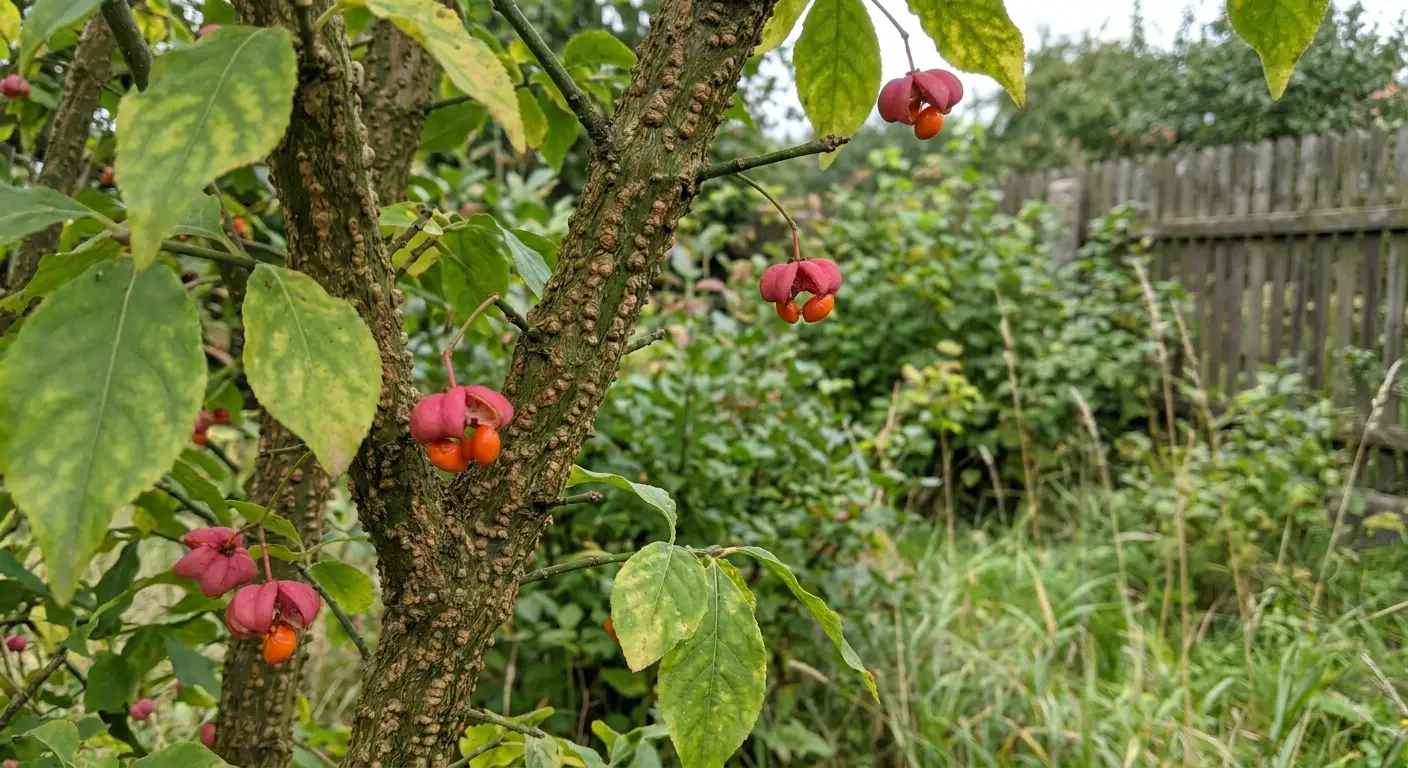 Trzmielina brodawkowata (Euonymus verrucosus) wczesną jesienią w ogrodzie, z widocznymi charakterystycznymi brodawkami na pędach i owocami.