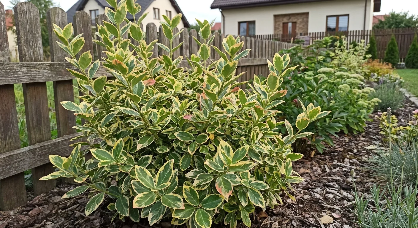 Zbliżenie na płożącą Trzmielinę Fortune'a (Euonymus fortunei) z zielonymi liśćmi o kremowych brzegach, rosnącą w przydomowym ogrodzie.
