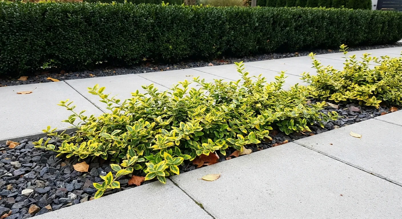 Trzmielina Fortune'a ('Emerald 'n' Gold') z jej jasnozielonymi i żółtymi liśćmi, wkomponowana w nowoczesny ogród z szarymi kamieniami i żwirem.